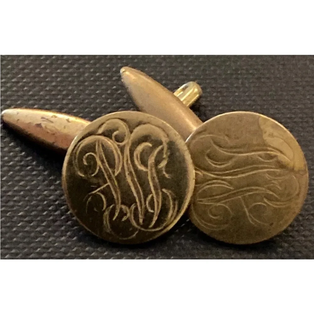 Vintage Art Deco Engraved Cufflinks Bronze Plate Gold Color Estate
